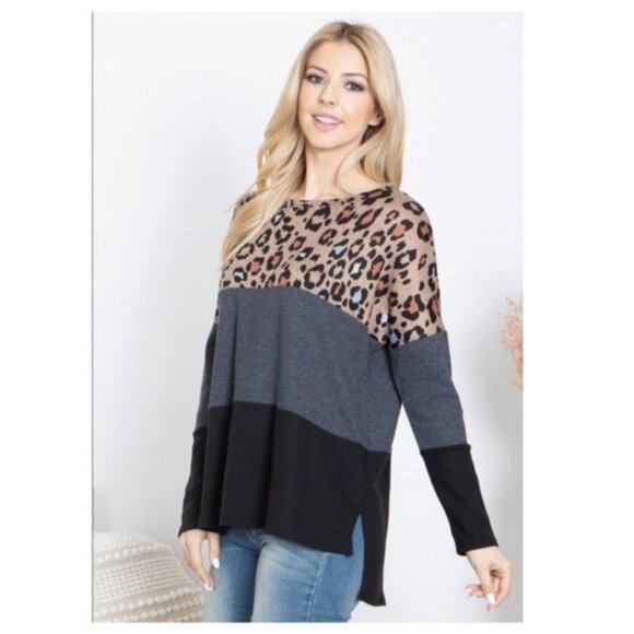 Animal Print Colorblock Long Sleeve Knit Top Womens Casual Loose Fit-NEW - Picture 6 of 7
